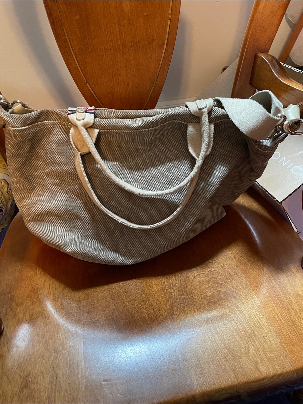 Neutral Beige Canvas Crossbody Tote Bag